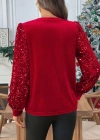Kadın Uzun Kollu Bisiklet Yaka Kollar Pulpayet Kadife Bluz