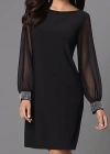 Kadın Uzun Kollu Bisiklet Yaka Kollar Tül Manşet Taş Işlemeli Krep Elbise
