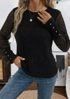 Kadın Uzun Kollu Bisiklet Yaka Kolları Tüllü Waffle Bluz