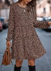 Kadın Uzun Kollu Bisiklet Yaka Leopar Desen Kesik Elyaf Kumaş Elbise
