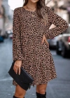 Kadın Uzun Kollu Bisiklet Yaka Leopar Desen Kesik Elyaf Kumaş Elbise