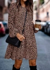 Kadın Uzun Kollu Bisiklet Yaka Leopar Desen Kesik Elyaf Kumaş Elbise