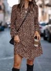 Kadın Uzun Kollu Bisiklet Yaka Leopar Desen Kesik Elyaf Kumaş Elbise