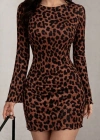 Kadın Uzun Kollu Bisiklet Yaka Leopar Desenli Dalgıç Mini Elbise