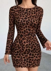 Kadın Uzun Kollu Bisiklet Yaka Leopar Desenli Dalgıç Mini Elbise