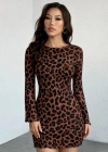 Kadın Uzun Kollu Bisiklet Yaka Leopar Desenli Dalgıç Mini Elbise