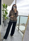 Kadın Uzun Kollu Bisiklet Yaka Leopar Desenli Iki Iplik Bluz Ve Viskon Iki Iplik Pantolon Ikili Takım