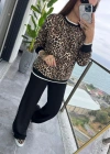 Kadın Uzun Kollu Bisiklet Yaka Leopar Desenli Iki Iplik Bluz Ve Viskon Iki Iplik Pantolon Ikili Takım