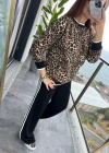 Kadın Uzun Kollu Bisiklet Yaka Leopar Desenli Iki Iplik Bluz Ve Viskon Iki Iplik Pantolon Ikili Takım