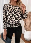 Kadın Uzun Kollu Bisiklet Yaka Leopar Desenli Modal Bluz