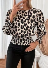 Kadın Uzun Kollu Bisiklet Yaka Leopar Desenli Modal Bluz