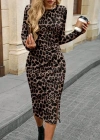 Kadın Uzun Kollu Bisiklet Yaka Leopar Desenli Modal Midi Elbise