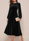 Kadın Uzun Kollu Bisiklet Yaka Midi Kadife Elbise