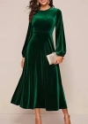 Kadın Uzun Kollu Bisiklet Yaka Midi Kadife Elbise