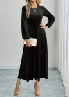Kadın Uzun Kollu Bisiklet Yaka Midi Kadife Elbise