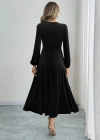 Kadın Uzun Kollu Bisiklet Yaka Midi Kadife Elbise