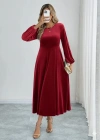Kadın Uzun Kollu Bisiklet Yaka Midi Kadife Elbise