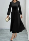 Kadın Uzun Kollu Bisiklet Yaka Midi Kadife Elbise