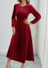 Kadın Uzun Kollu Bisiklet Yaka Midi Kadife Elbise
