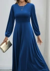 Kadın Uzun Kollu Bisiklet Yaka Midi Kadife Mavi Elbise