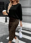Kadın Uzun Kollu Bisiklet Yaka Modal Bluz Ve Leopar Desenli Etek Ikili Takım