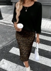Kadın Uzun Kollu Bisiklet Yaka Modal Bluz Ve Leopar Desenli Etek Ikili Takım