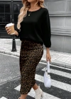 Kadın Uzun Kollu Bisiklet Yaka Modal Bluz Ve Leopar Desenli Etek Ikili Takım
