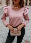 Kadın Uzun Kollu Bisiklet Yaka Omuzlar Volanlı Iki Iplik Bluz