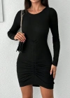 Kadın Uzun Kollu Bisiklet Yaka ön Büzgülü Kaşkorse Elbise
