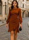 Kadın Uzun Kollu Bisiklet Yaka önden Volanlı Ithal Krep Elbise