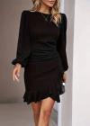 Kadın Uzun Kollu Bisiklet Yaka önden Volanlı Ithal Krep Elbise