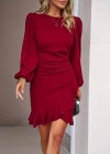 Kadın Uzun Kollu Bisiklet Yaka önden Volanlı Ithal Krep Elbise