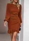 Kadın Uzun Kollu Bisiklet Yaka önden Volanlı Ithal Krep Elbise