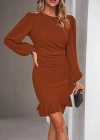 Kadın Uzun Kollu Bisiklet Yaka önden Volanlı Ithal Krep Elbise