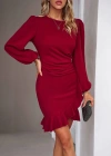 Kadın Uzun Kollu Bisiklet Yaka önden Volanlı Ithal Krep Elbise
