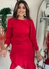 Kadın Uzun Kollu Bisiklet Yaka önden Volanlı Ithal Krep Elbise