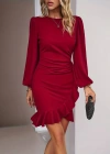 Kadın Uzun Kollu Bisiklet Yaka önden Volanlı Ithal Krep Elbise