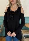 Kadın Uzun Kollu Bisiklet Yaka önü Taşlı Omuzu Açık Etek Ucu Asimetrik Kesim Viskon Bluz