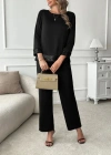 Kadın Uzun Kollu Bisiklet Yaka Pulpayetli Viskon Iki Iplik Bluz Ve Pantolon Ikili Takım