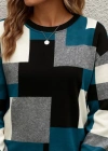 Kadın Uzun Kollu Bisiklet Yaka Renkli Blok Baskı Dalgıç Bluz