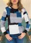 Kadın Uzun Kollu Bisiklet Yaka Renkli Blok Baskı Dalgıç Bluz