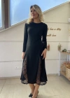 Kadın Uzun Kollu Bisiklet Yaka Sırt Dekolteli Dantel Yırtmaçlı Uzun Krep Elbise