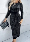 Kadın Uzun Kollu Bisiklet Yaka Taşlı Midi Kadife Elbise