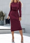 Kadın Uzun Kollu Bisiklet Yaka Taşlı Midi Kadife Elbise