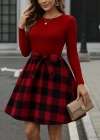 Kadın Uzun Kollu Bisiklet Yaka üst Viskon Alt Ekose Kısa Elbise