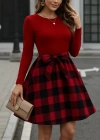 Kadın Uzun Kollu Bisiklet Yaka üst Viskon Alt Ekose Kısa Elbise
