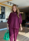 Kadın Uzun Kollu Bisiklet Yaka Viskon Iki Iplik Mor Bluz Ve Pantolon Ikili Takım