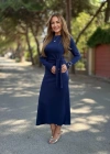 Kadın Uzun Kollu Bisiklet Yaka Yandan Bağlamalı Uzun Modal Elbise