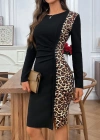 Kadın Uzun Kollu Bisiklet Yaka Yandan Büzgü Ve Leopar Detaylı Mini Ithal Krep Elbise