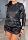 Kadın Uzun Kollu Bisiklet Yaka Yandan Büzgülü Kısa Deri Elbise